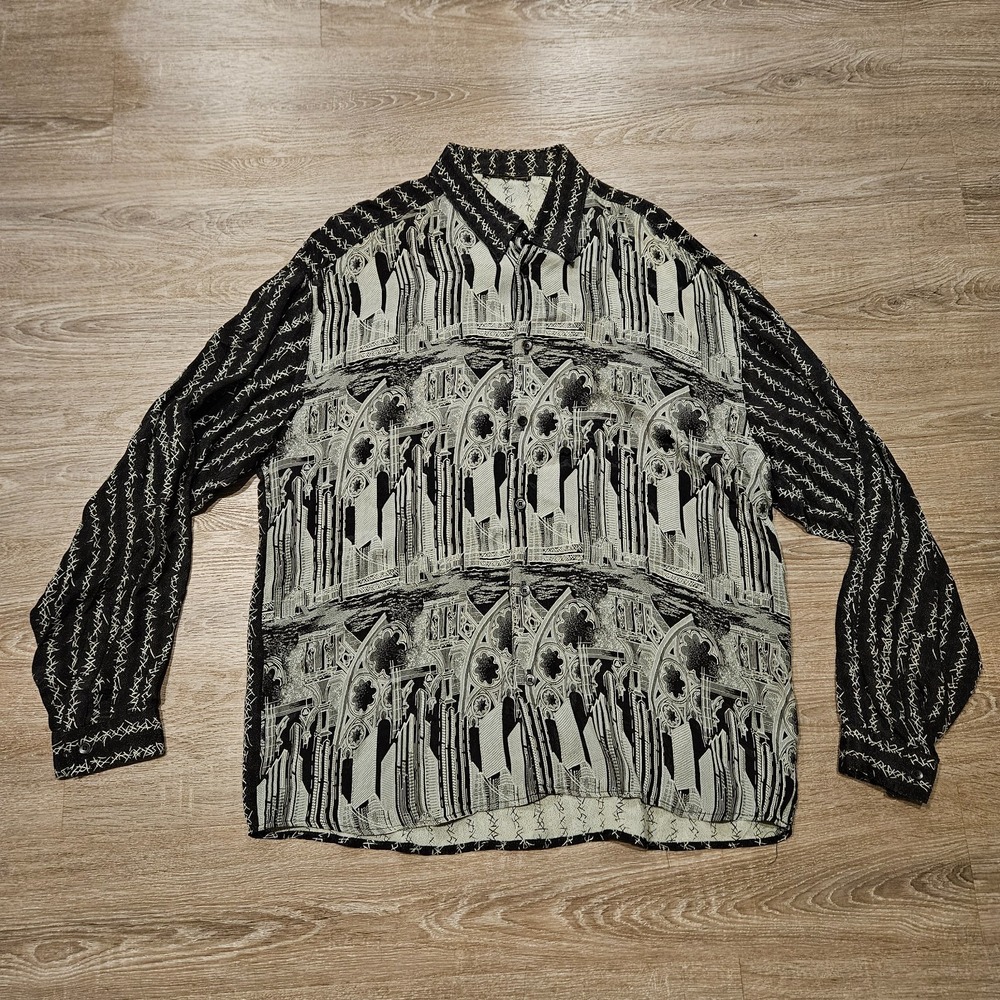 Vintage Gothic Cathedral Print Long Sleeve Button Up Shirt Men's Large Black